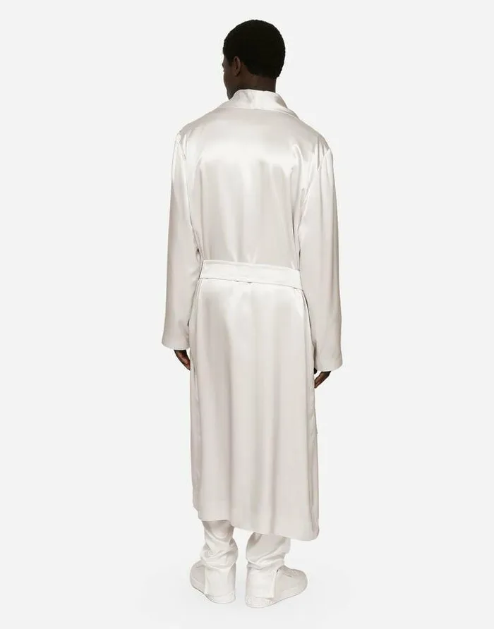 Dolce and Gabbana Underwear And Loungewear Men Silk Satin Robe With Metal DG Logo White Dolce and Gabbana Underwear And Loungewear Men Silk Satin Robe With Metal DG Logo White