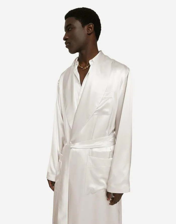 Dolce and Gabbana Underwear And Loungewear Men Silk Satin Robe With Metal DG Logo White Dolce and Gabbana Underwear And Loungewear Men Silk Satin Robe With Metal DG Logo White