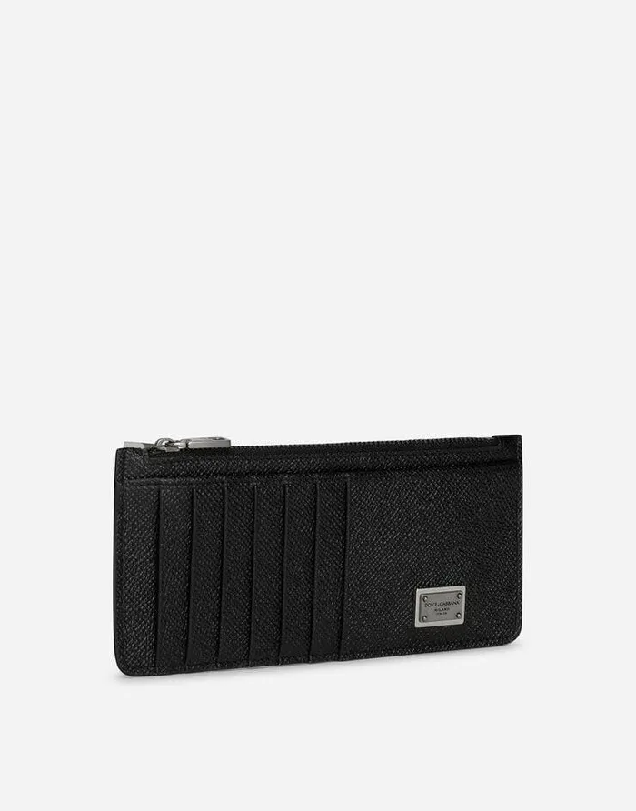 Dolce and Gabbana Wallets And Small Leather Goods Men Calfskin Vertical Card Holder With Logo Tag Black