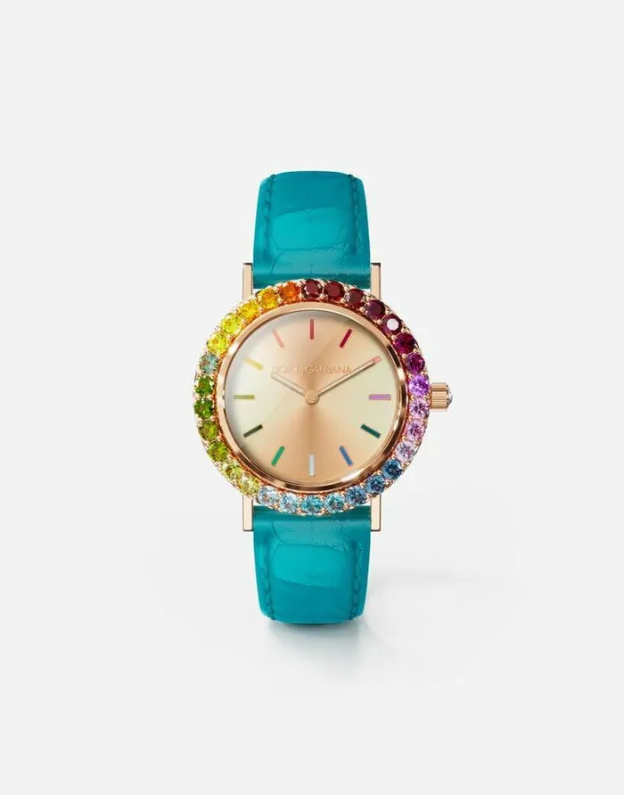 Dolce and Gabbana WatchesandStraps Women Iris Watch In Rose Gold With Multicolored Fine Gems Turquoise Dolce and Gabbana WatchesandStraps Women Iris Watch In Rose Gold With Multicolored Fine Gems Turquoise