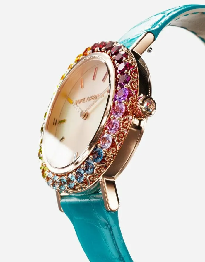 Dolce and Gabbana WatchesandStraps Women Iris Watch In Rose Gold With Multicolored Fine Gems Turquoise Dolce and Gabbana WatchesandStraps Women Iris Watch In Rose Gold With Multicolored Fine Gems Turquoise