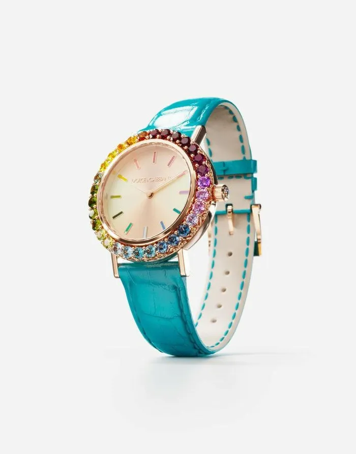 Dolce and Gabbana WatchesandStraps Women Iris Watch In Rose Gold With Multicolored Fine Gems Turquoise Dolce and Gabbana WatchesandStraps Women Iris Watch In Rose Gold With Multicolored Fine Gems Turquoise