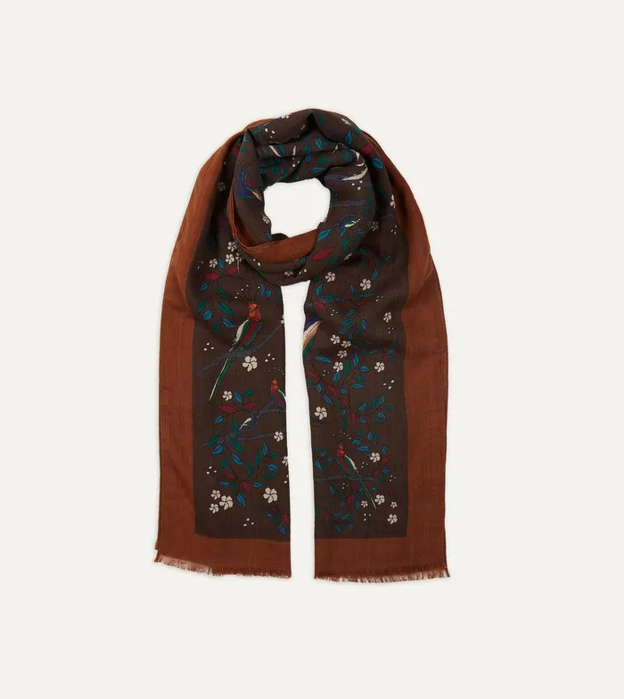 Drake039s Brown Birds Of Paradise Print Wool Scarf 8211 Accessories