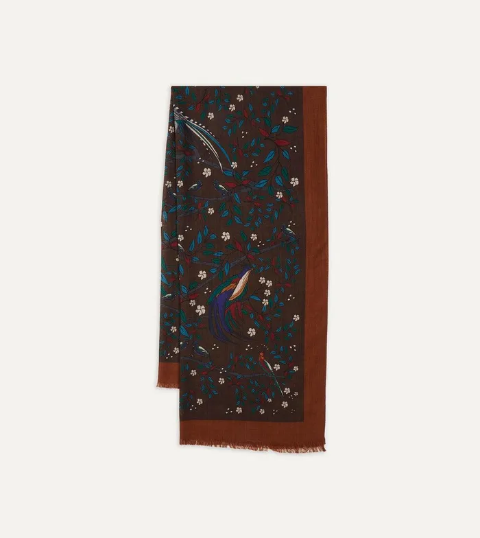 Drake039s Brown Birds Of Paradise Print Wool Scarf 8211 Accessories