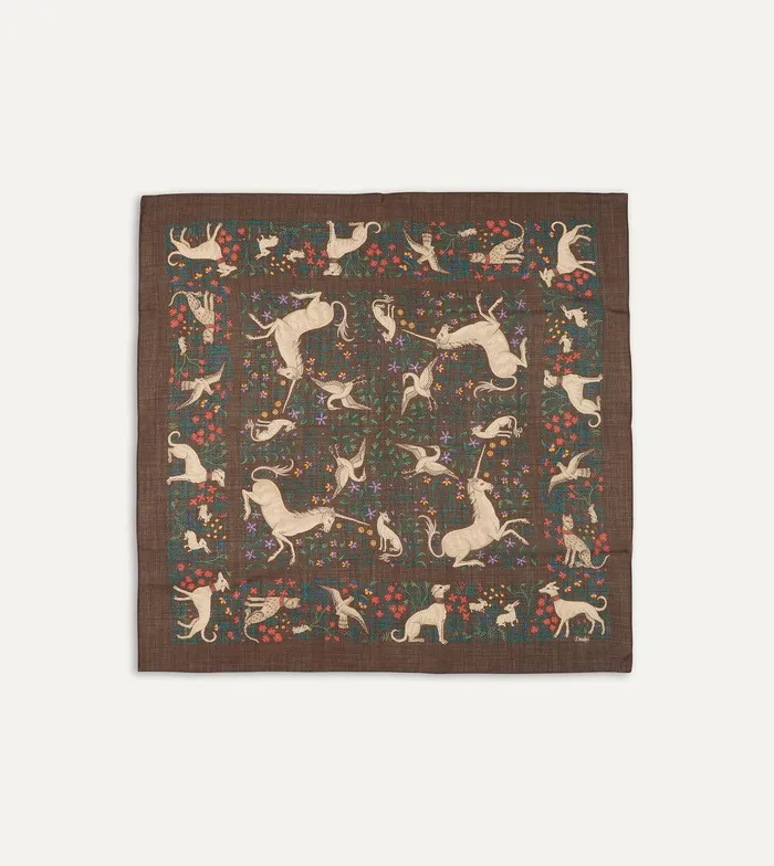 Drake039s Brown Unicorn Print WoolSilk Square Scarf 8211 Accessories