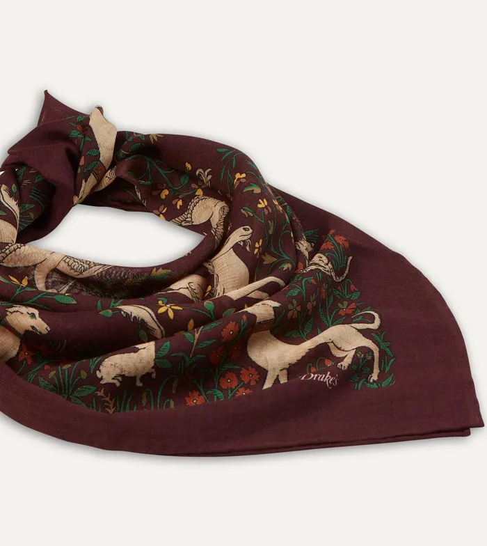 Drake039s Burgundy Unicorn Print WoolSilk Square Scarf 8211 Accessories