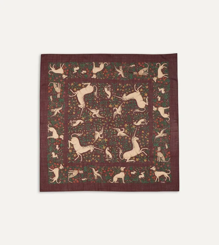 Drake039s Burgundy Unicorn Print WoolSilk Square Scarf 8211 Accessories
