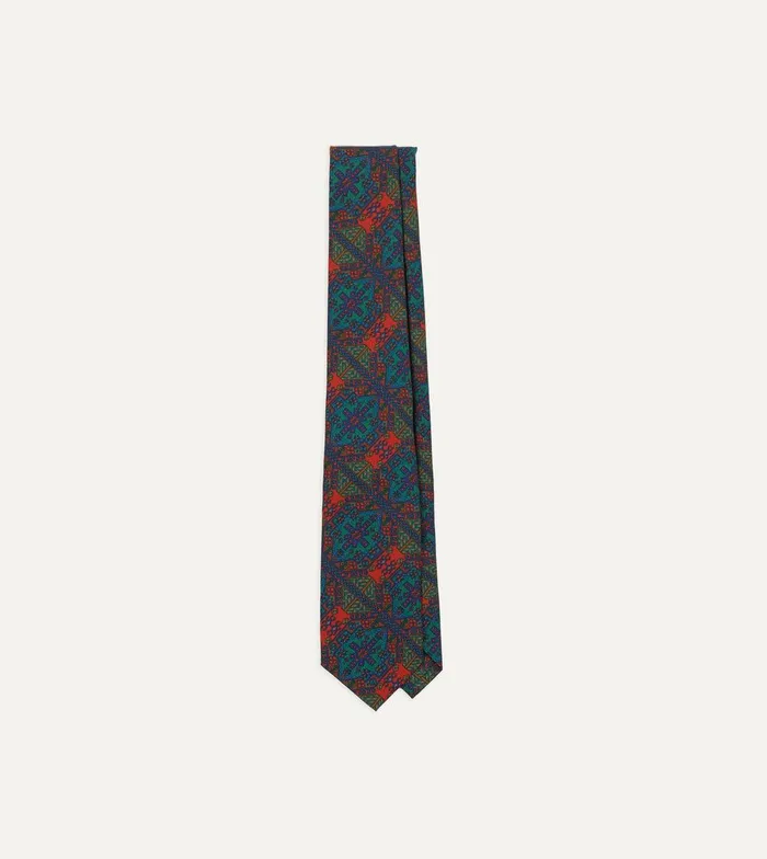 Drake039s Green And Orange Mosaic Tile Print Madder Silk Self Tipped Tie 8211 Ties