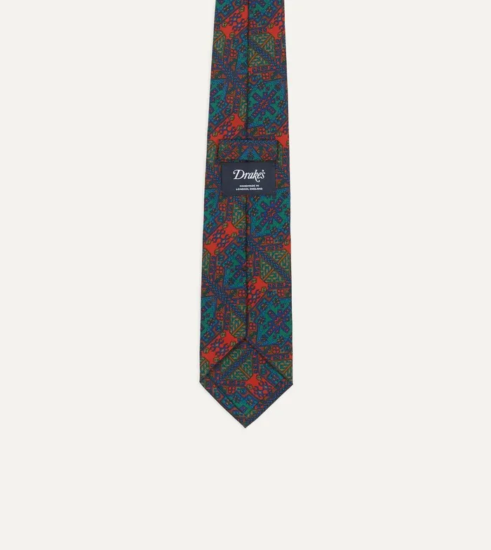 Drake039s Green And Orange Mosaic Tile Print Madder Silk Self Tipped Tie 8211 Ties