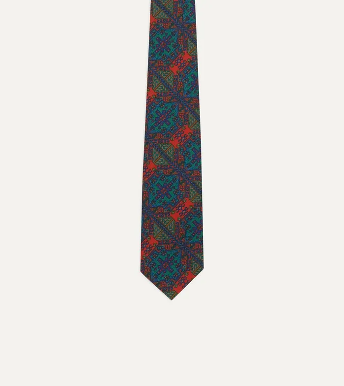 Drake039s Green And Orange Mosaic Tile Print Madder Silk Self Tipped Tie 8211 Ties