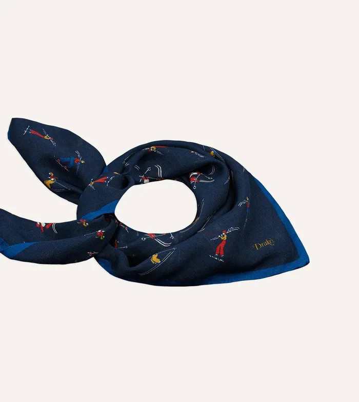 Drake039s Navy Skier Print WoolSilk Bandana 8211 Accessories