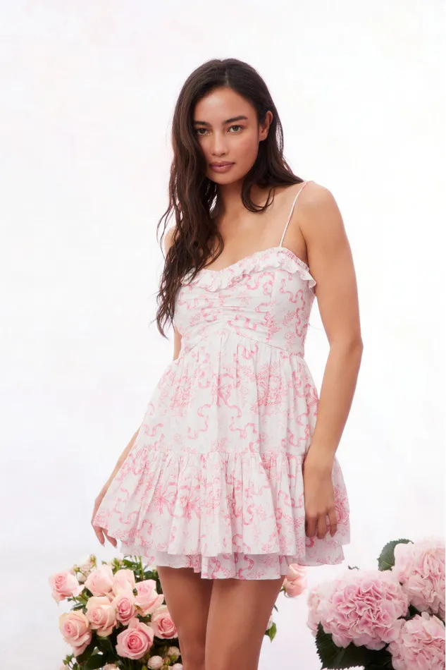 Dresses WomenKids LoveShackFancy Linny Bow Print Mini Dress Bubblegum Blast
