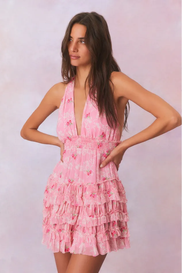 Dresses Women LoveShackFancy Quintelle Halter Floral Mini Dress Cherry Pink