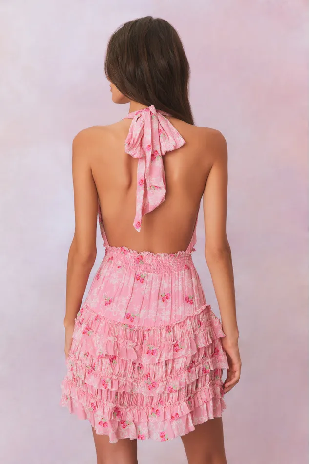 Dresses Women LoveShackFancy Quintelle Halter Floral Mini Dress Cherry Pink