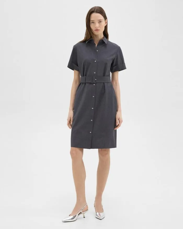 Dresses Women Theory Belted Shirt Dress In Stretch Wool Charcoal Melange