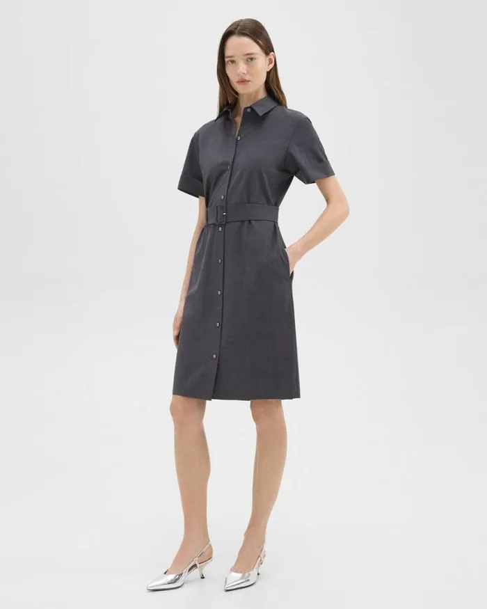 Dresses Women Theory Belted Shirt Dress In Stretch Wool Charcoal Melange Dresses Women Theory Belted Shirt Dress In Stretch Wool Charcoal Melange