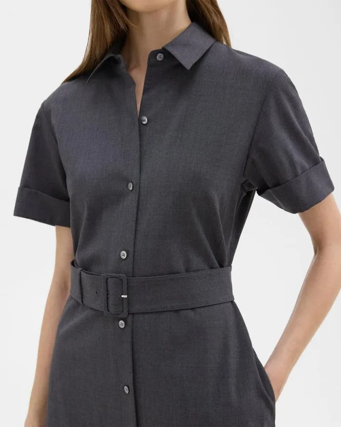 Dresses Women Theory Belted Shirt Dress In Stretch Wool Charcoal Melange Dresses Women Theory Belted Shirt Dress In Stretch Wool Charcoal Melange