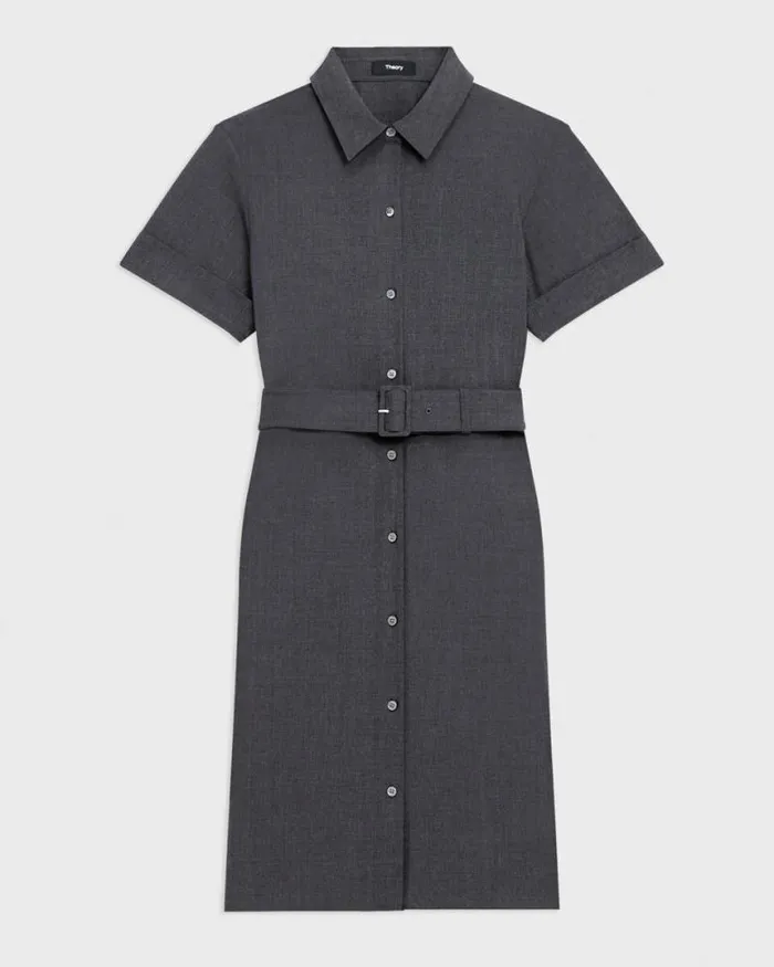 Dresses Women Theory Belted Shirt Dress In Stretch Wool Charcoal Melange Dresses Women Theory Belted Shirt Dress In Stretch Wool Charcoal Melange