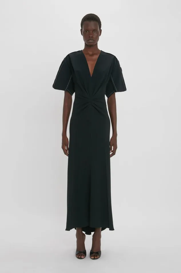 Dresses Women Victoria Beckham Gathered VNeck Midi Dress In Black