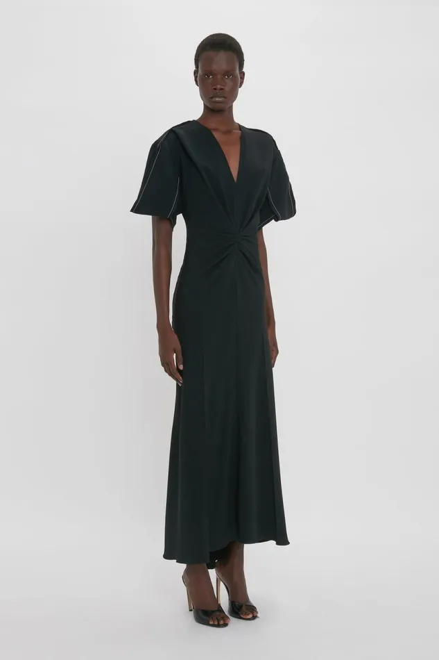 Dresses Women Victoria Beckham Gathered VNeck Midi Dress In Black