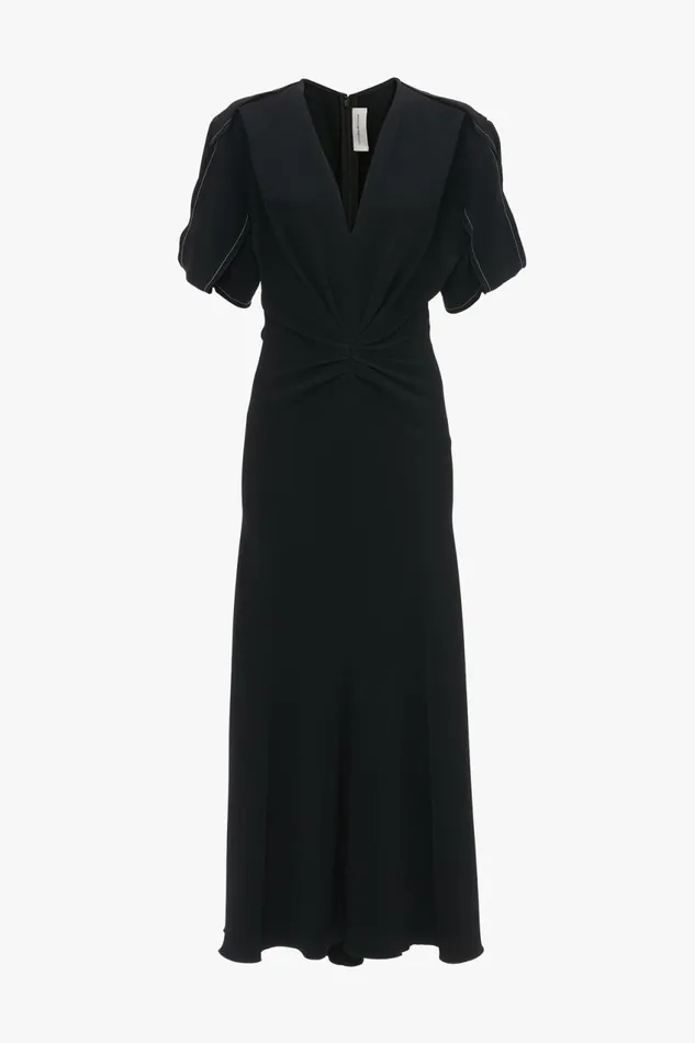 Dresses Women Victoria Beckham Gathered VNeck Midi Dress In Black