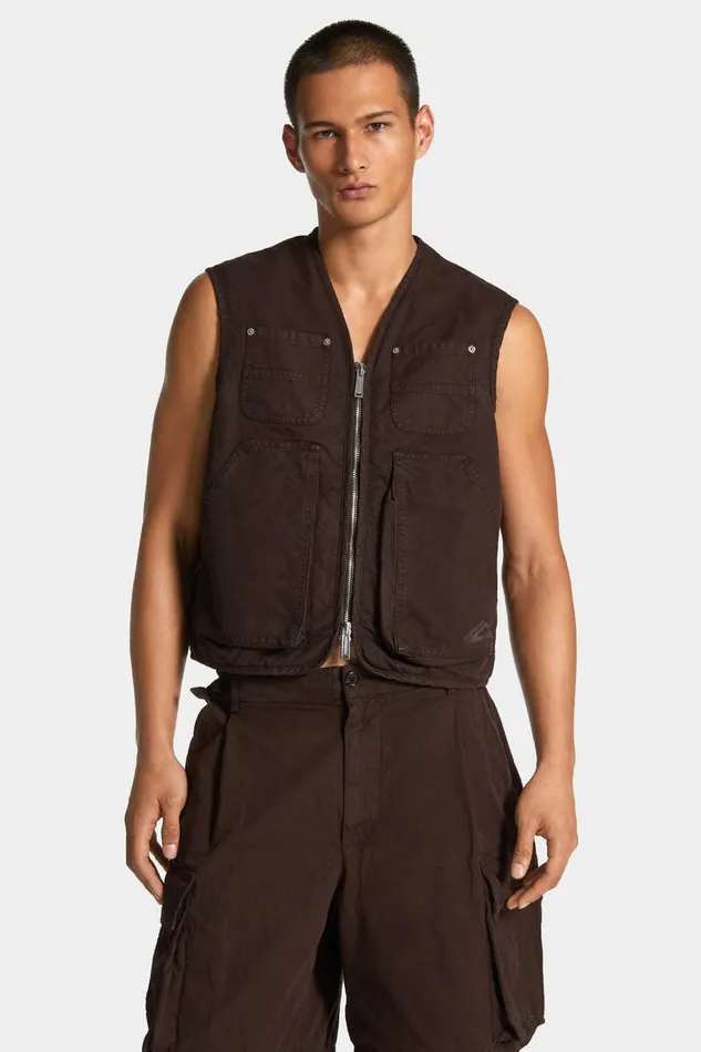 Dsquared2 Coats and Outerwear Icon New Generation Canvas Utility Vest Dark Chocolate 8211 Men