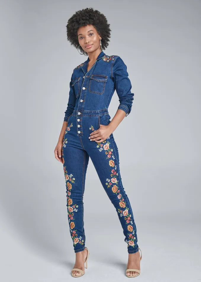 EMBROIDERED DENIM JUMPSUIT Dark Wash Women VENUS Occasion Jumpsuits and Rompers EMBROIDERED DENIM JUMPSUIT Dark Wash Women VENUS Occasion Jumpsuits and Rompers