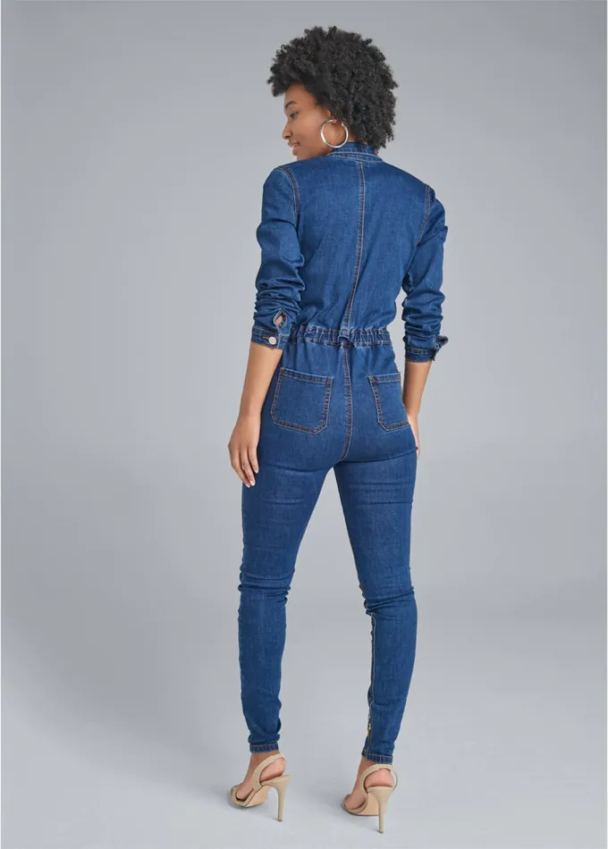 EMBROIDERED DENIM JUMPSUIT Dark Wash Women VENUS Occasion Jumpsuits and Rompers