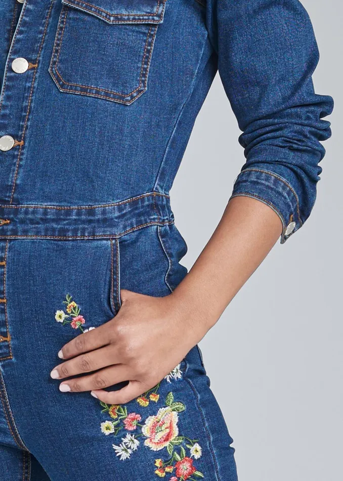 EMBROIDERED DENIM JUMPSUIT Dark Wash Women VENUS Occasion Jumpsuits and Rompers