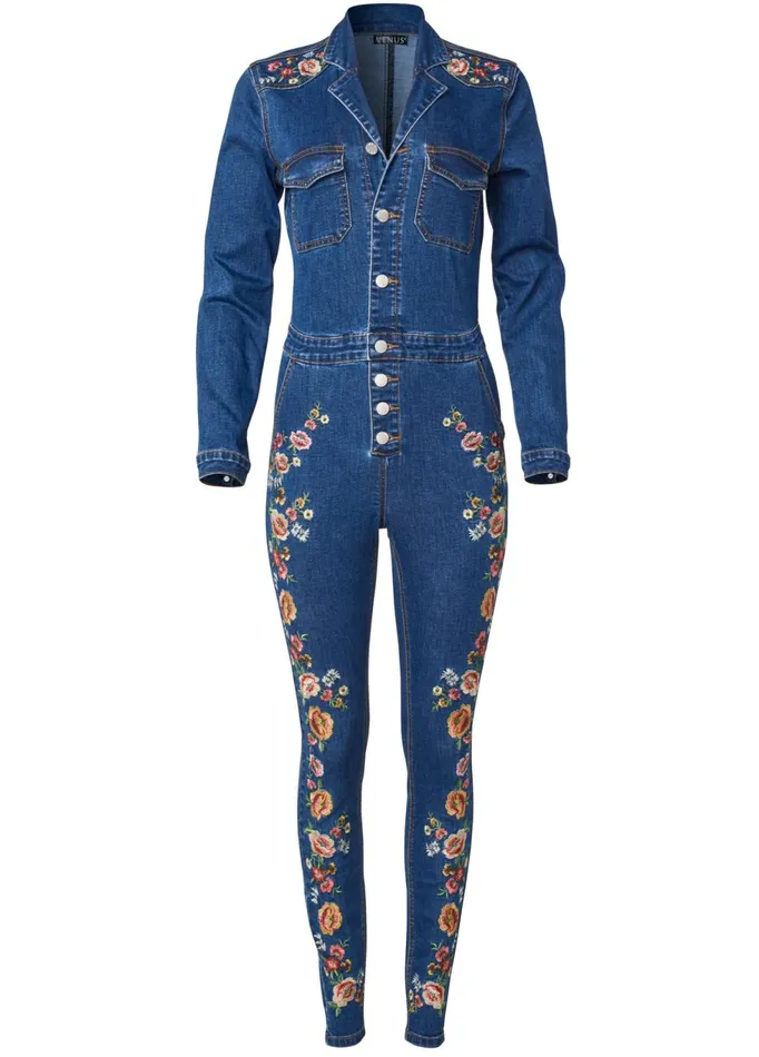 EMBROIDERED DENIM JUMPSUIT Dark Wash Women VENUS Occasion Jumpsuits and Rompers