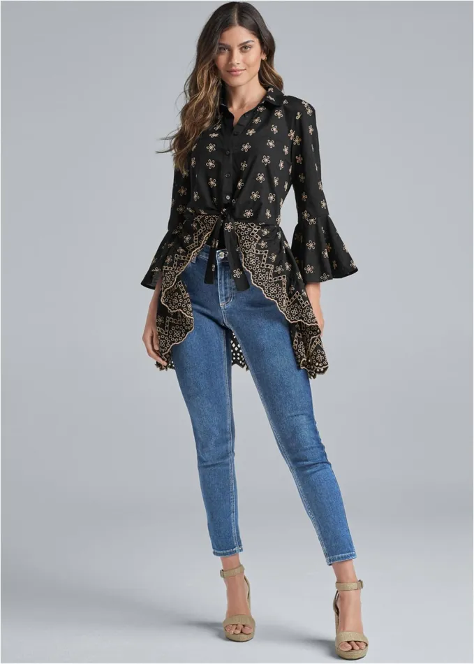 EYELET HIGH LOW TOP Black and Beige Women VENUS Night Out Tops