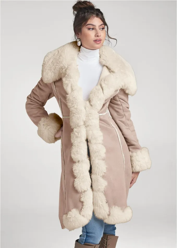 FauxSuedeAndFur Coat Taupe and Off White Women VENUS Jackets