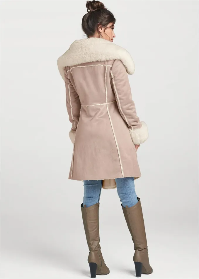 FauxSuedeAndFur Coat Taupe and Off White Women VENUS Jackets