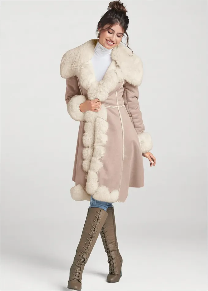 FauxSuedeAndFur Coat Taupe and Off White Women VENUS Jackets