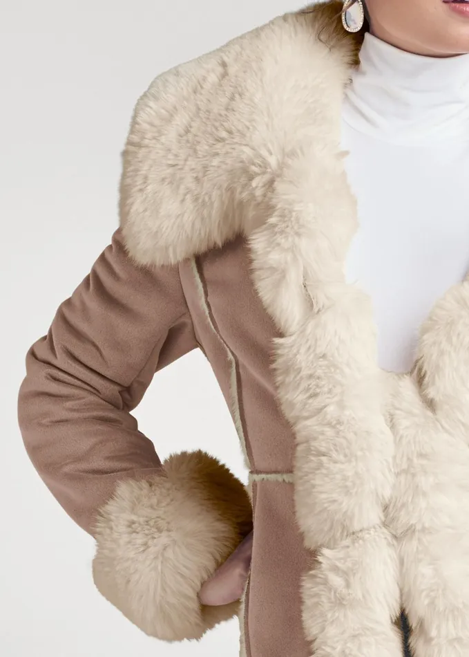 FauxSuedeAndFur Coat Taupe and Off White Women VENUS Jackets