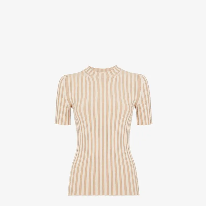 Fendi Knitwear Sweater Beige Ribbed Cotton Jumper 8211 Women