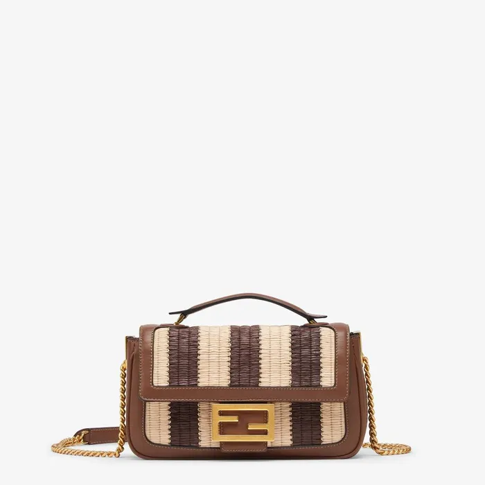 Fendi Shoulder and Crossbody Bags Baguette Chain Midi Brown Leather And Pequin Bag With Braiding 8211 Women Fendi Shoulder and Crossbody Bags Baguette Chain Midi Brown Leather And Pequin Bag With Braiding 8211 Women