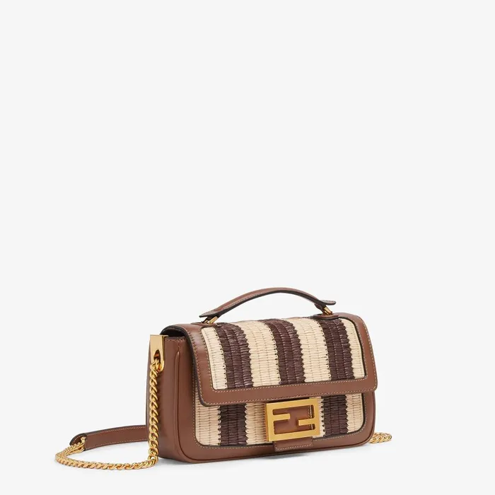 Fendi Shoulder and Crossbody Bags Baguette Chain Midi Brown Leather And Pequin Bag With Braiding 8211 Women
