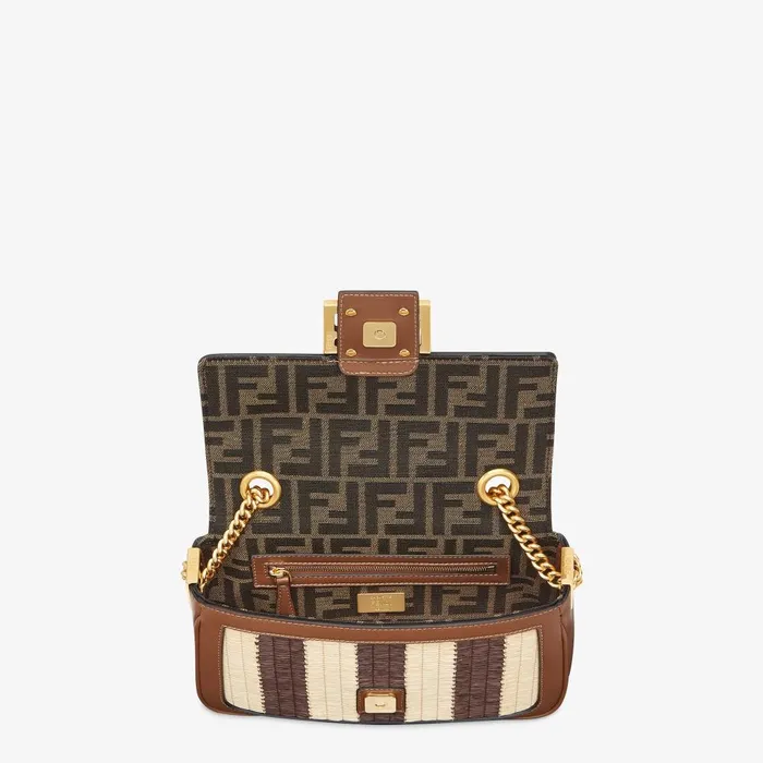 Fendi Shoulder and Crossbody Bags Baguette Chain Midi Brown Leather And Pequin Bag With Braiding 8211 Women