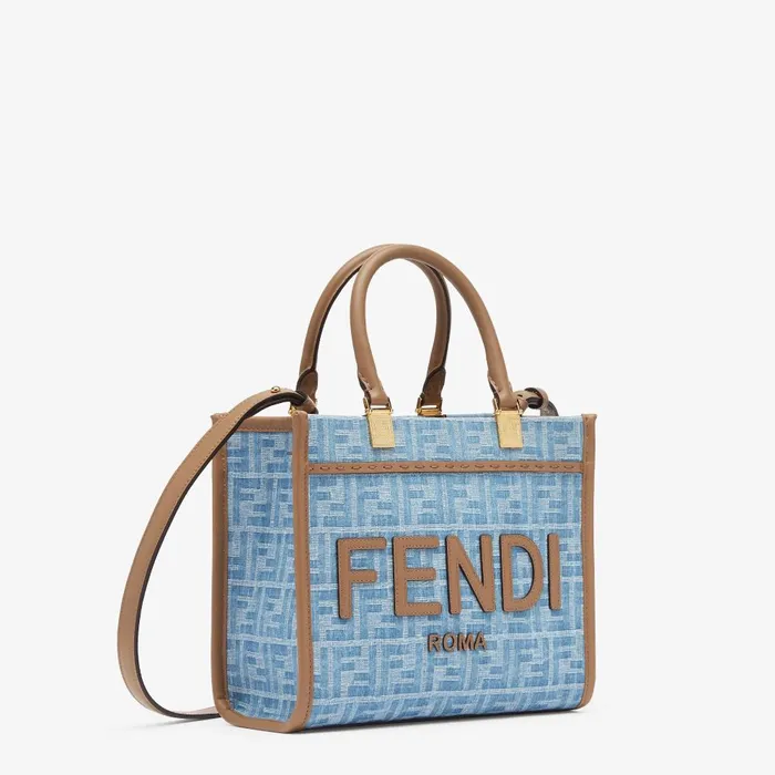 Fendi Tote Bags Fendi Sunshine Small Light Blue FF Denim Fabric Shopper 8211 Women