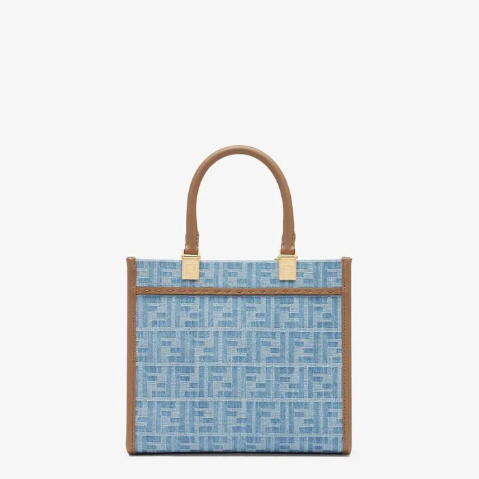 Fendi Tote Bags Fendi Sunshine Small Light Blue FF Denim Fabric Shopper 8211 Women