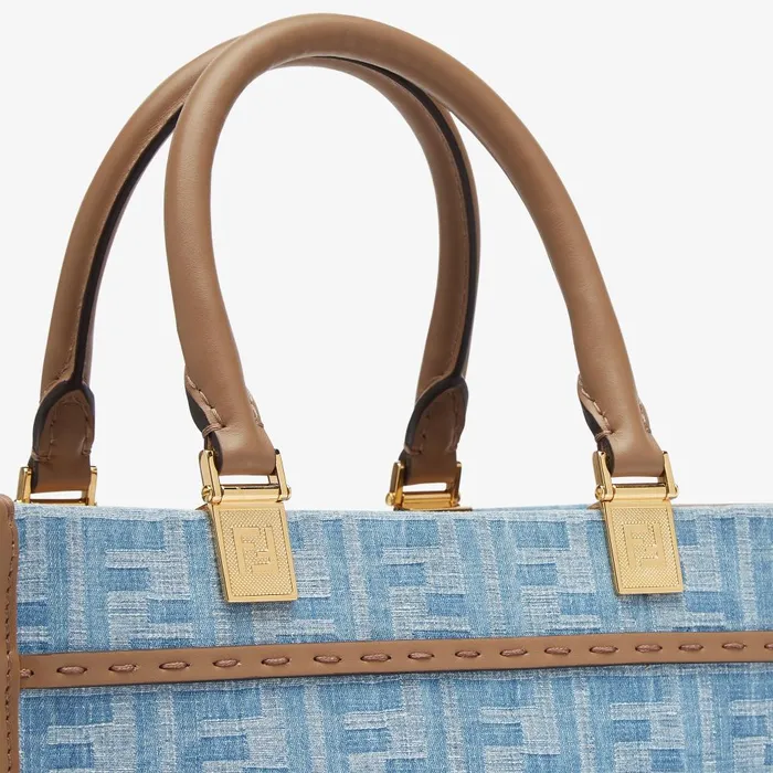 Fendi Tote Bags Fendi Sunshine Small Light Blue FF Denim Fabric Shopper 8211 Women