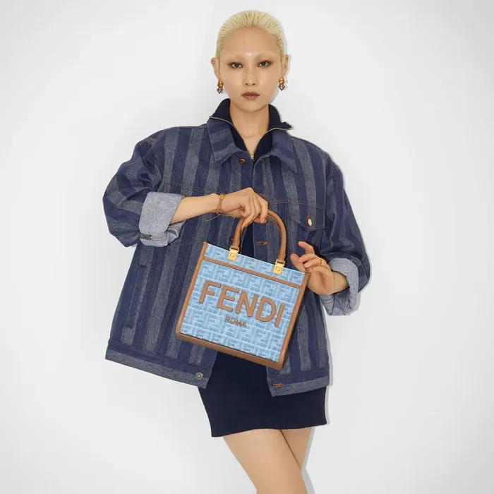 Fendi Tote Bags Fendi Sunshine Small Light Blue FF Denim Fabric Shopper 8211 Women