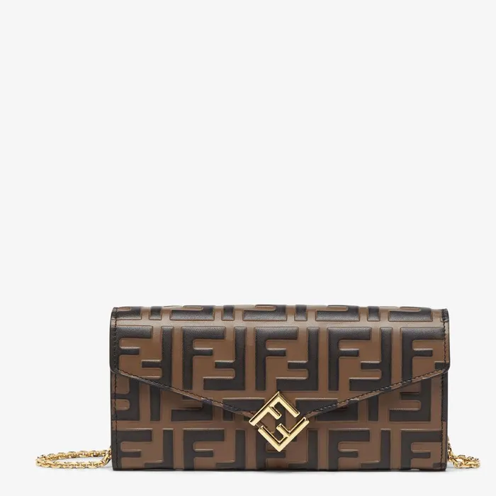 Fendi Wallets On Chain FF Diamonds Continental With Chain Brown And Black FF Leather Wallet 8211 Women