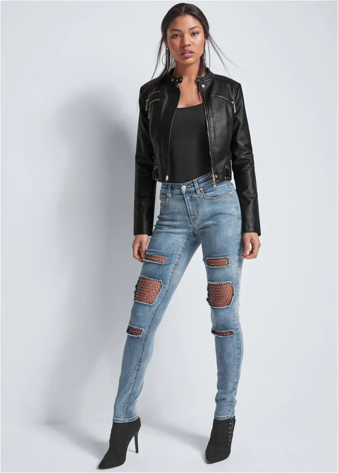 FISHNET INSET JEANS Medium Wash Women VENUS Novelty Jeans