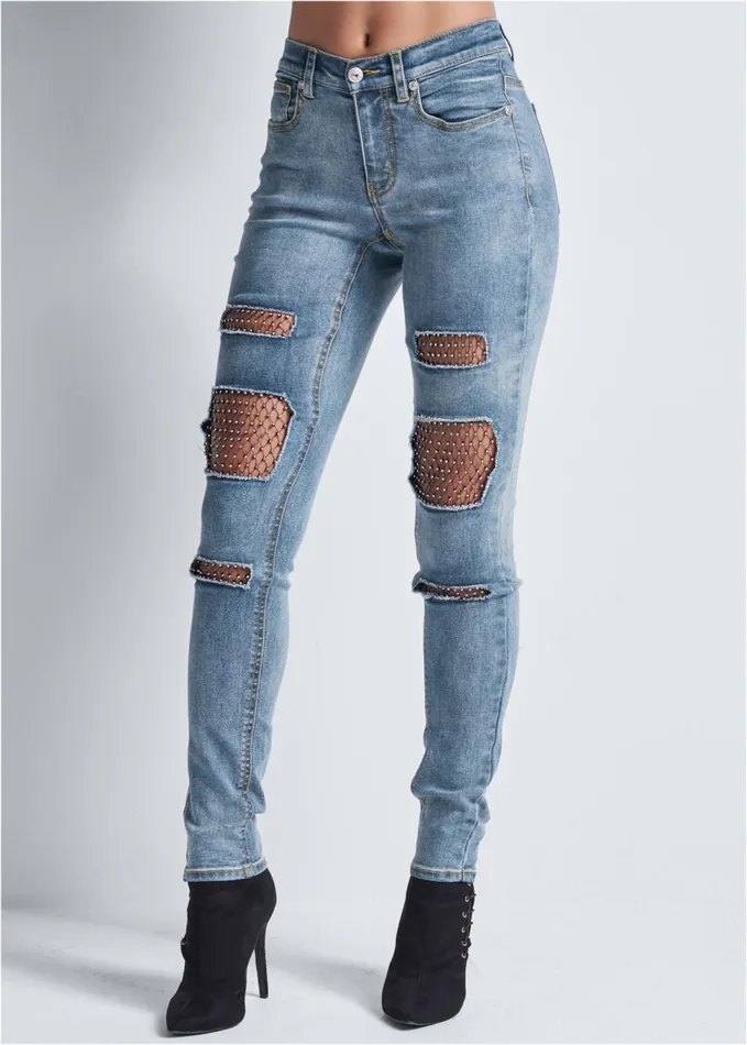 FISHNET INSET JEANS Medium Wash Women VENUS Novelty Jeans