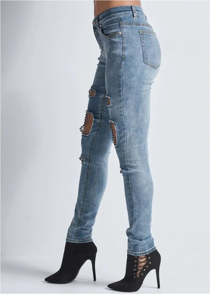 FISHNET INSET JEANS Medium Wash Women VENUS Novelty Jeans