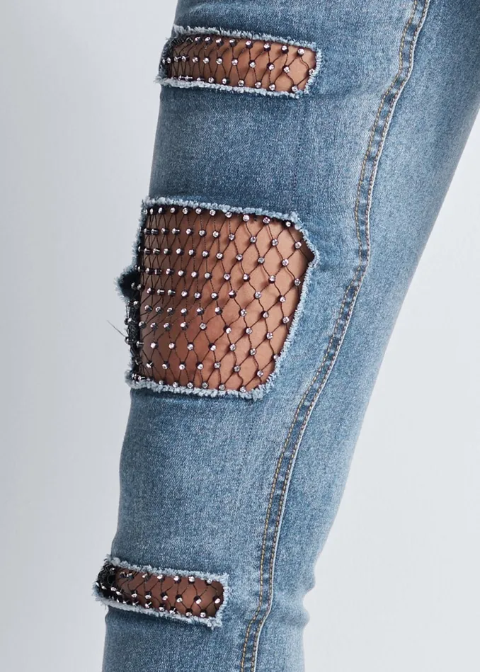 FISHNET INSET JEANS Medium Wash Women VENUS Novelty Jeans