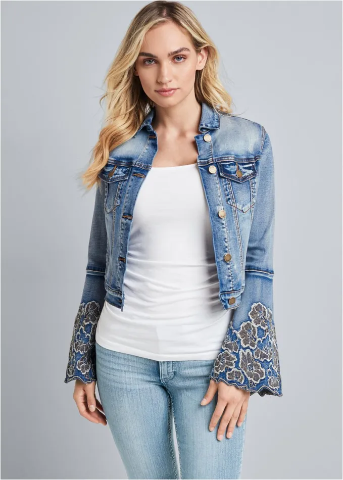 FLORAL EMBRIODERED JACKET Medium Wash Women VENUS Denim