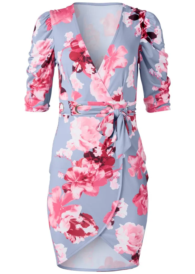 Floral FauxWrap Dress Light Blue Multi Women VENUS Short Dresses